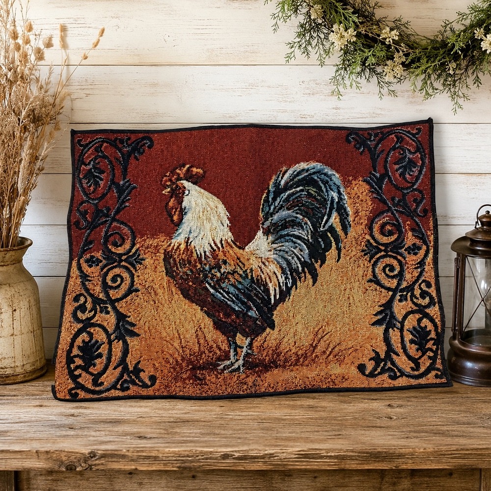 Vtg Farmhouse Rooster Woven Tapestry Place Mat Rustic Kitchen Decor 17.5x12.5
